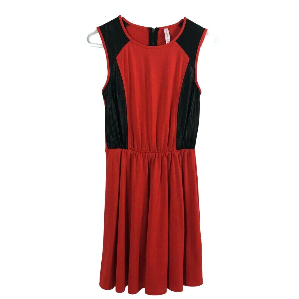 Womens Dress Size Small Red with Black Faux Leather Fit Flare Sleeveless‎